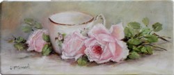 Original Painting on Panel - Vintage Laying Roses & Tea Cup - Postage is included Australia Wide