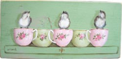 Original Painting on Chippy Green Panel - Birds & Tea Cups - Postage is included in the Price Australia wide