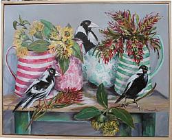 FRAMED - Magpie Trio with Natives - Postage is included Australia wide