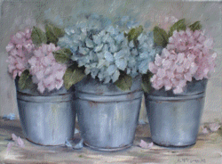 Original Painting on Canvas -"Hydrangeas in Tin Pails" - Postage is included Australia Wide