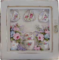 Original Painting on a rescued cupboard door - Tea Cups and Blooms - Postage is included Australia wide