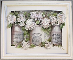 Mixed Media/Original Painting - French Mustard Pots & Hydrangeas in a Cupboard - Postage is included in the price Australia wide