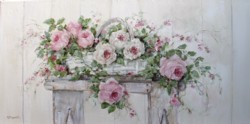 Original Painting on Canvas - Basket of Roses on a Rustic Stool - Postage is included Australia Wide