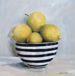 Original Painting on Canvas - Lemons in Black and White Bowl -