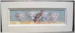 Original Painting featuring a Bird and Vintage Tea Cups  -FREE POSTAGE AUSTRALIA WIDE