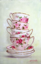 Ready to Hang Print - Stacked Pink Tea Cups - POSTAGE included Australia wide