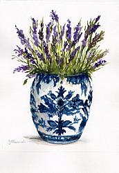 Water colour Original "Lavender in Blue & White Ginger Jar"