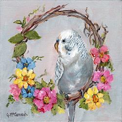 ORIGINAL Painting on Canvas - Budgie perched on a Wreath - 20 x 20cm series