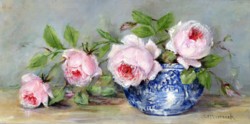 Original Painting on Panel - Flowing Roses in a Blue & White Bowl - Postage is included Australia Wide
