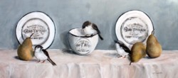 Original Mixed Media on Panel - French Plates, Pears & Birds - SOLD