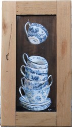 Original Painting on Old Cupboard door - Blue & White Tea Cups - Postage is included Australia wide