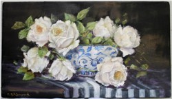 Original Painting on Panel - White Roses in a blue and white bowl - Postage is included Australia Wide