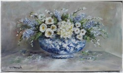 Original Painting on Panel - White flowers in a blue and white bowl - Postage is included Australia Wide