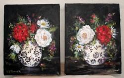 Pair of Original Paintings on Canvas - Florals on black - Postage is included Australia Wide