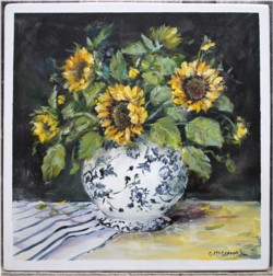 Original Painting on Panel - Sunflowers in a black and white vase - Postage is included Australia Wide