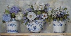 Original Painting on Panel - Mixture of flowers in blue and white pots - Postage is included Australia Wide