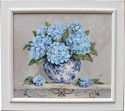 Original Painting - Blue Hydrangeas on a Scrolly Shelf - Postage is included Australia Wide