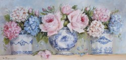 Original Painting on Panel - Roses & Hydrangeas in blue and white pots - Postage is included Australia Wide