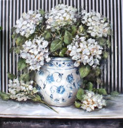 Original Painting on Panel - Hydrangeas with Black striped background - Postage is included Australia Wide