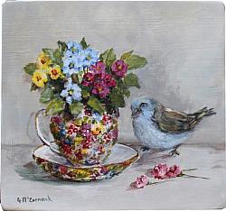 Bird and Chintz Teacup - Original Painting - Postage is included Australia wide