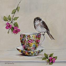 Original Painting on Canvas - Bird on a Chintz Tea Cup - Postage included Aus wide