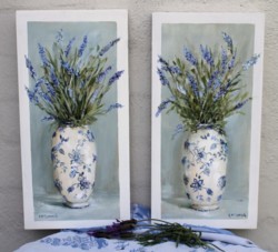 Original Pair of Paintings on Panels - Lavenders in blue & white vases - Postage is included Australia Wide
