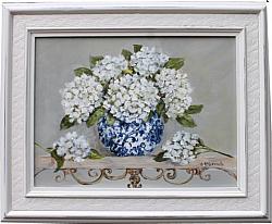 Original Painting - White Hydrangeas on a Scrolly Shelf - Postage is included Australia Wide