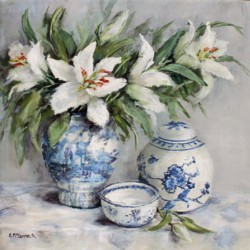 Original Painting on Panel - Lilies with Blue & White - Postage is included Australia Wide