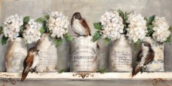 Original Mixed Media on Panel - French Containers, Hydrangeas & Birds on a Shelf - Postage is included Australia Wide