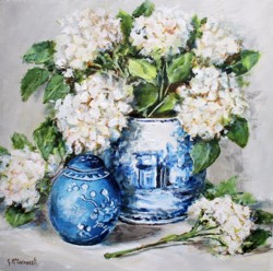 Original Painting on Panel - Hydrangeas in Blue & White Pots - 35 x 35cm