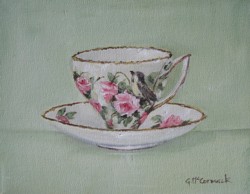 Original Painting on Canvas - Bird & Roses Tea Cup - Postage is included Australia Wide