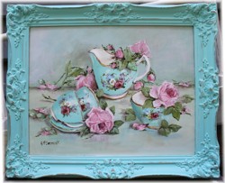 Original Painting -Tea Set & Roses - Postage is included Australia Wide