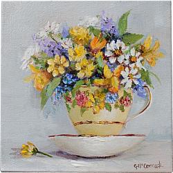 Original Painting on Canvas - Bouquet in a Tea Cup - 20 x 20cm series