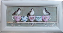 Original Painting  - Birds & Tea Cups on a French Shelf - Postage is included in the price Australia Wide