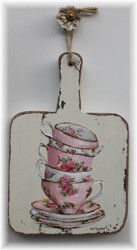 Hand Painted - Stacked Tea Cups on Reclaimed Cheese Board - Postage is included Australia wide