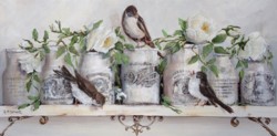Original Mixed Media on Panel - French Pots, Roses & Birds - Postage is included Australia Wide