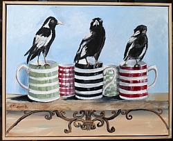 Original Painting on Panel - 3 Magpies on Stripey Cups - Postage is included Australia Wide