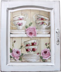 Original Painting on a Cupboard door - Cups, Saucers & Roses - Postage is included Australia wide