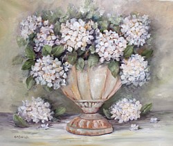 Original Painting on Canvas - Creamy Hydrangeas in a Rustic Urn - Postage is included Australia Wide