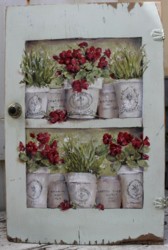 Original Painting on a rescued cupboard door - French Pots of Geraniums - Postage is included Australia wide