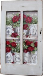 Original Painting on a rescued cupboard door - French Containers of Geraniums - Postage is included Australia wide