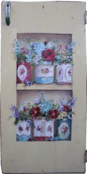 Original Painting on a rescued cupboard door - Mixed Flowers in Vintage Tins - Postage is included Australia wide