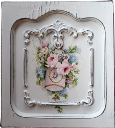 Original Painting on a rescued cupboard door - Hanging Flowers in a Vintage Tin - Postage is included Australia wide