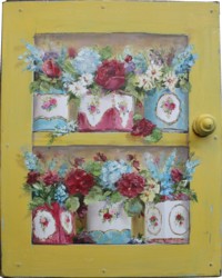 Original Painting - Vintage Tins & Flowers on Faux Door - Postage is included in the price Australia wide