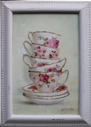 Original Painting - Pink & White Stacked Tea Cups - Postage is included in the price Australia wide