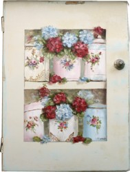 Original Painting on a rescued cupboard door - Enamel Ware, Hydrangeas and Geraniums - Postage is included Australia wide