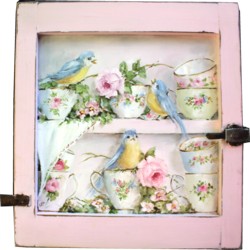 Original Painting on an Old Cupboard door - Birds & Tea Cups - Postage is included Australia wide
