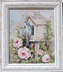 Original Painting - Bird House & Roses - Postage is included in the price Australia wide