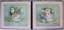 Pair of Original Paintings - Birds in Tea Cups - Postage is included in the price Australia wide