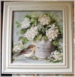 Mixed Media/Original Painting - French Pot, Bird & Hydrangea - Postage is included in the price Australia wide